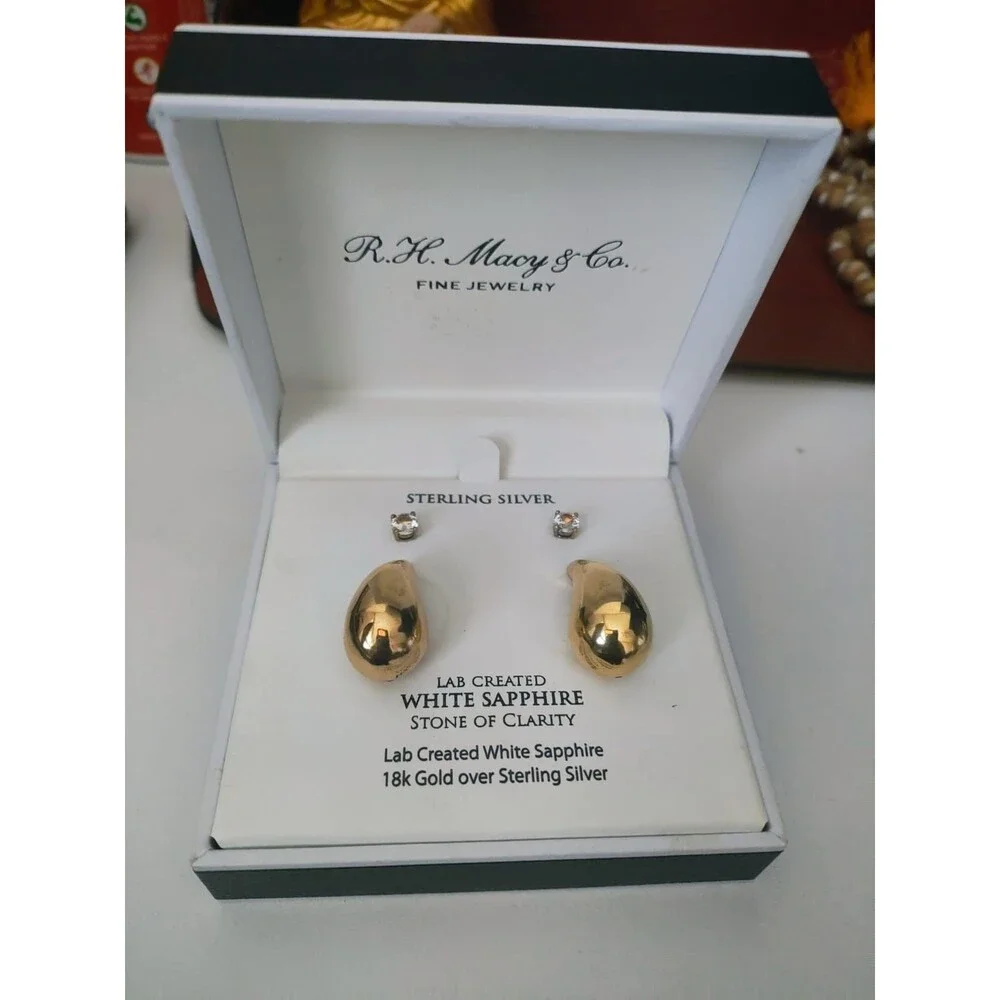 R.H. Macy & Co Lab Grown White Sapphire Stud Earrings Set 14K GP Sterling Silver